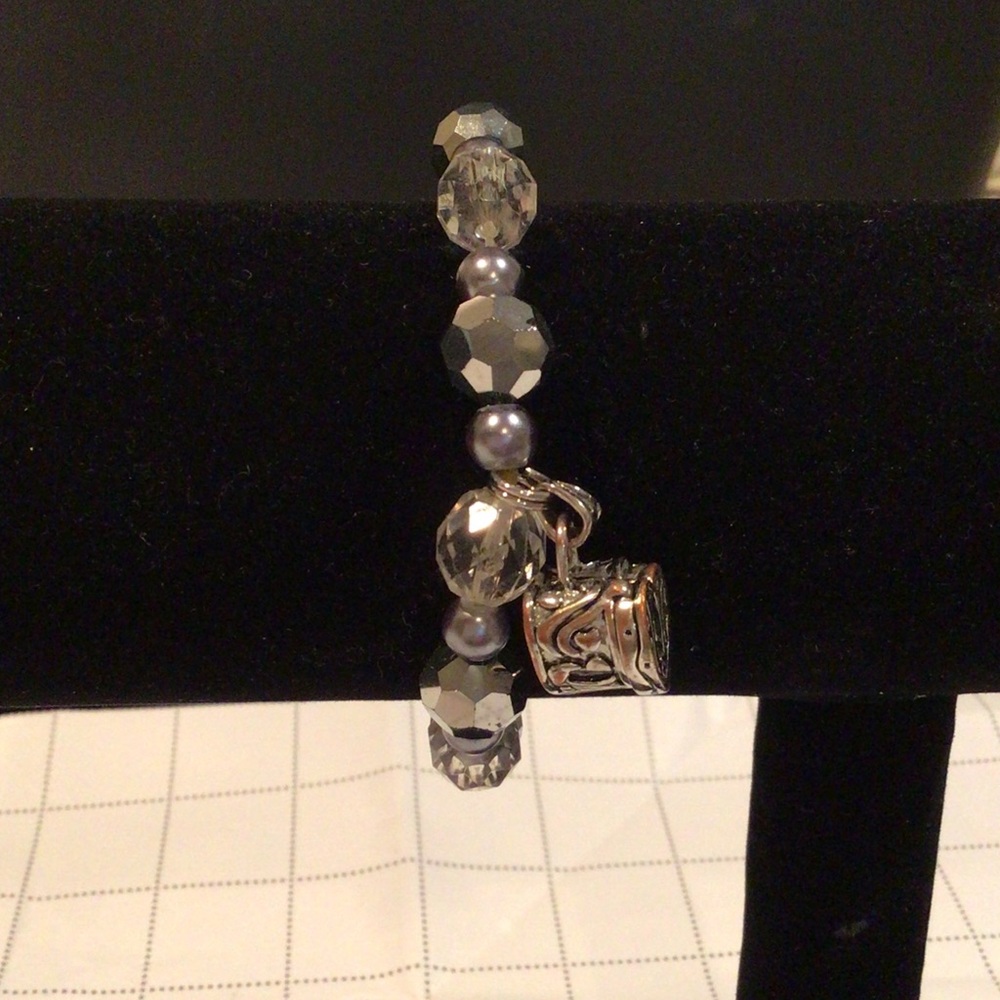 Silver and Gray Beaded Bracelet with Charm